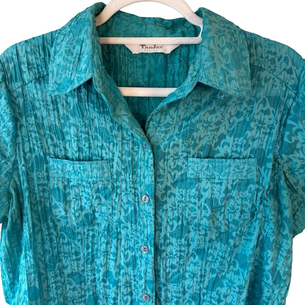 TanJay Turquoise Button-Down Embroidered Shirt Size MP Boho Office Lightweight - Picture 7 of 10
